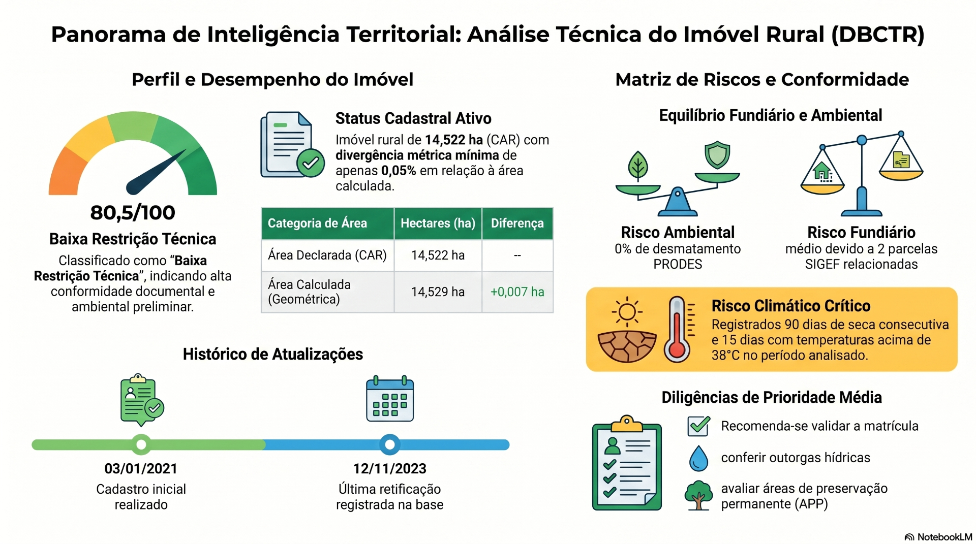 Infográfico do Diagnóstico Técnico Rural — score, matriz de risco, mapas e parecer integrado
